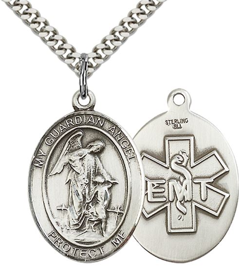 STERLING SILVER GUARDIAN ANGEL PENDANT ON A CHAIN - 1" x 3/4"